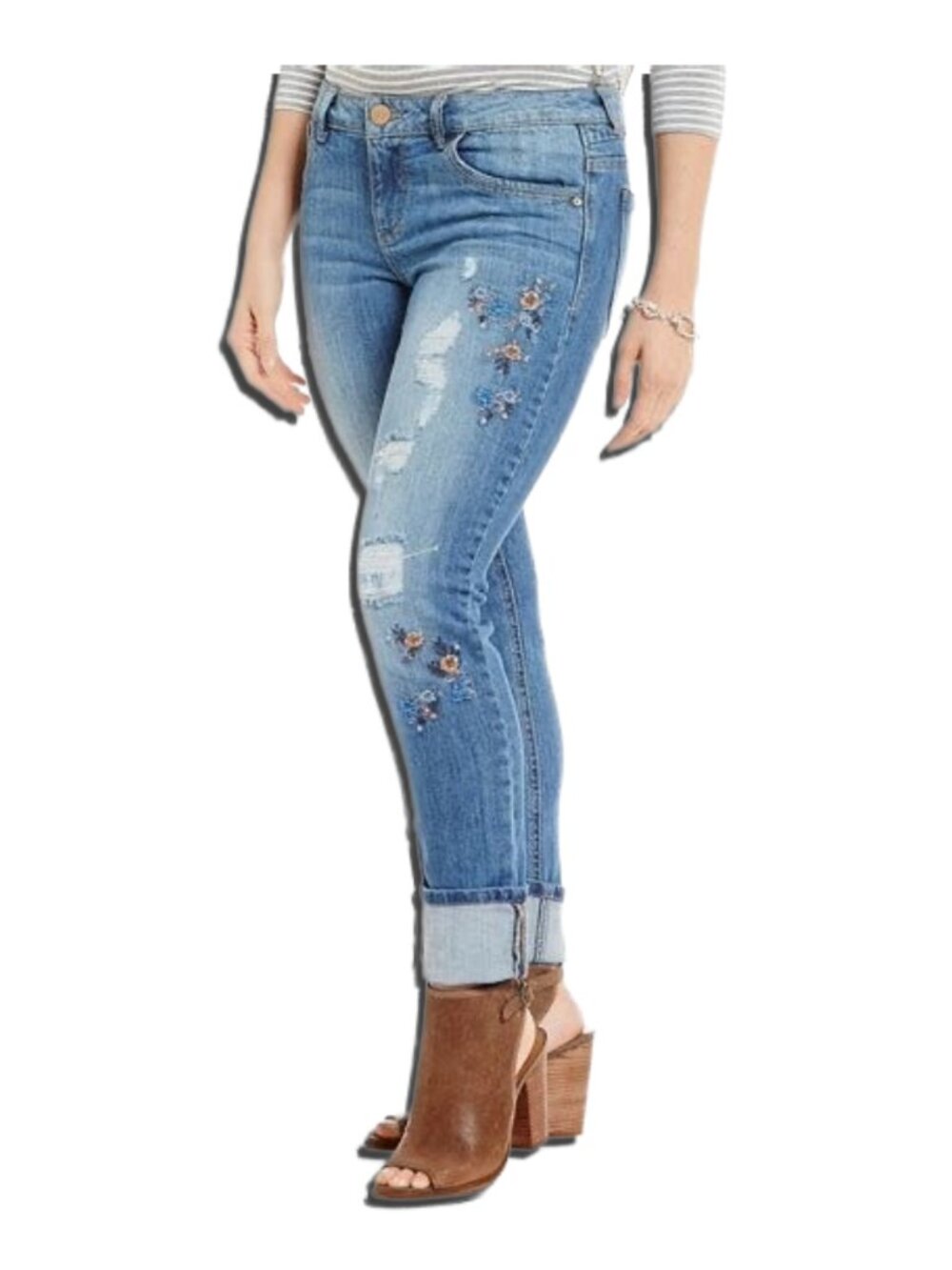 DEMOCRACY Blue & Yellow Floral Embroidered Distressed Girlfriend Jeans Sz 12